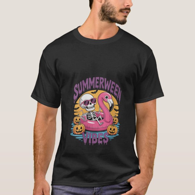 Camiseta Mujeres Summerween Vibes Skeleton Flamingo Spooky  (Anverso)