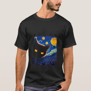 Camiseta Mujeres Van Gogh Starry Night Cat Halloween Black