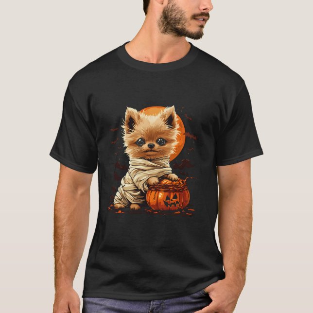 Camiseta Mummy Pomeranian Pumpkin Scary Halloween Perro Lov (Anverso)