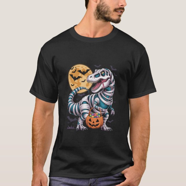 Camiseta Mummy T-Rex Halloween Dinosaur Trick or Treat Moon (Anverso)