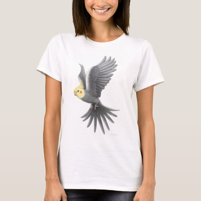 Camiseta Muñeca de las señoras del Cockatiel del vuelo (Anverso)