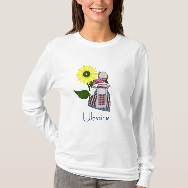 Camiseta Muñeca folk ucraniana con girasol, Motanka. (Anverso)