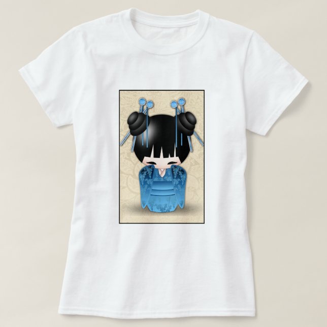 Camiseta Muñeca Kokeshi Japonesa Cuidada Vestida En Azul (Diseño del anverso)