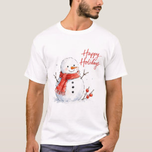 Camiseta Muñeco de nieve con bufanda roja en acuarela