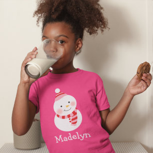 Camiseta Muñeco de Nieve Feliz Rosa Personalizado Nombre de