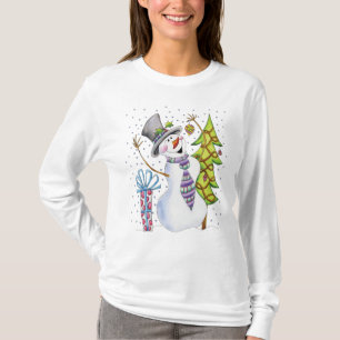 Camiseta Muñeco de nieve feliz Sleve largo T - puente del