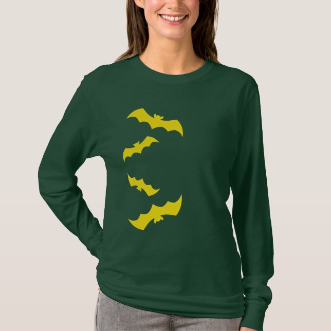 Camiseta Murciélagos amarillos voladores de Halloween (Anverso)
