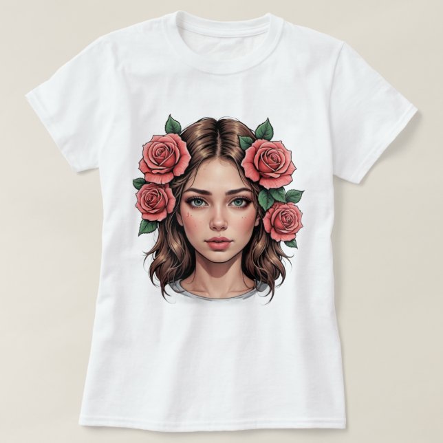Camiseta Musa floral - Tee de retrato artístico Rosa (Diseño del anverso)