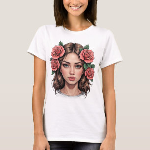 Camiseta Musa floral - Tee de retrato artístico Rosa