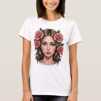 Camiseta Musa floral - Tee de retrato artístico Rosa