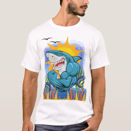 Camiseta Músculos flexantes de tiburón navegan por el mar y
