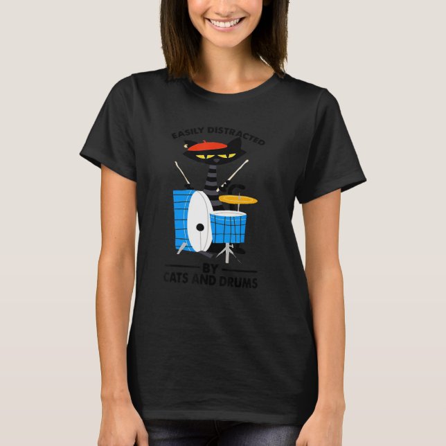 Camiseta Music Black Cat Drummer Easily Distracted By Cats  (Anverso)