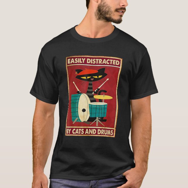 Camiseta Music Cat Drum Easily Distracted By Cats And Drums (Anverso)
