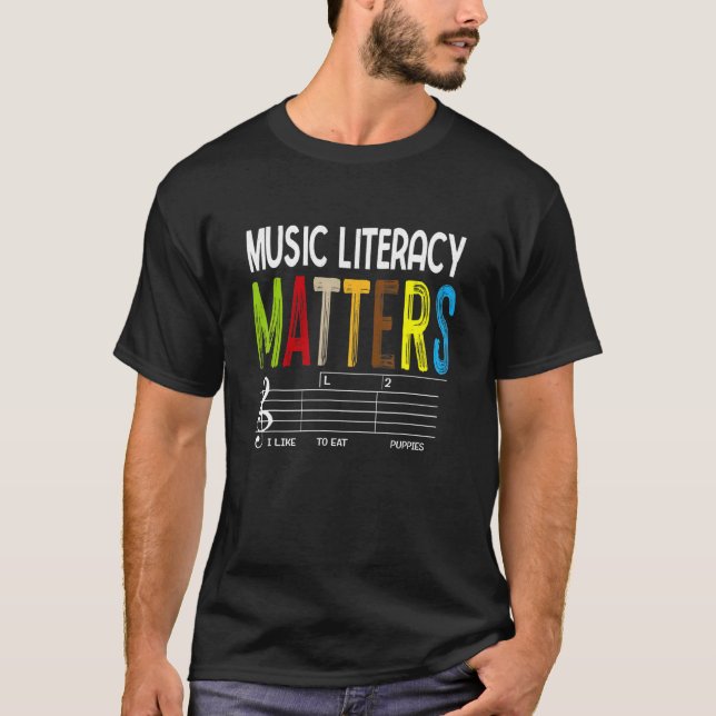 Camiseta Music Literacy Matters I Like To Eat Puppies Retro (Anverso)