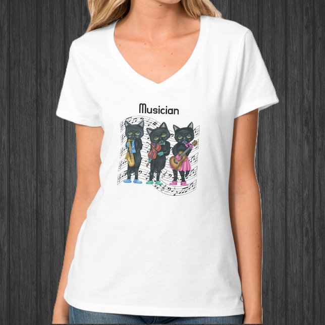 Camiseta Música Black Cats Green Eyes Instruments (Black Cat Musicians pink, blue, green clothes, instruments, wavy bars of music on tee shirt.)