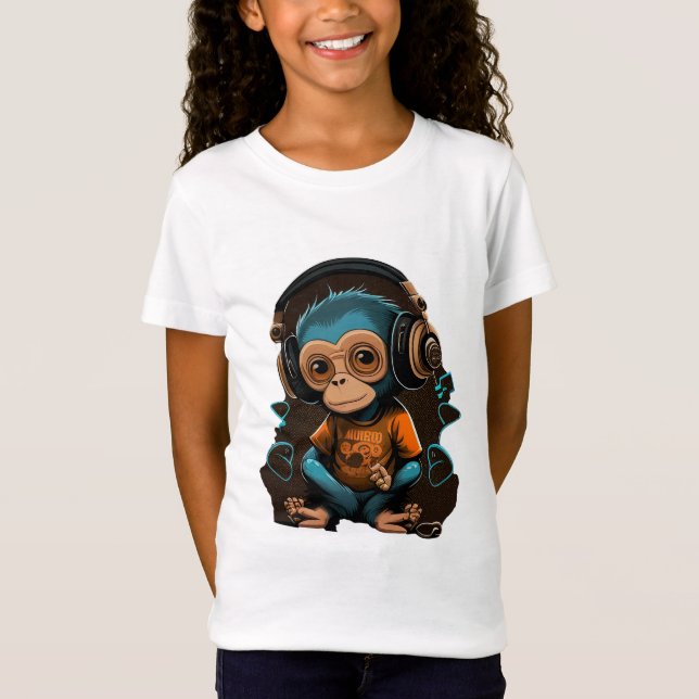 Camiseta Música Cute Monkey Escuchando, Música Mono Inmerso (Anverso)
