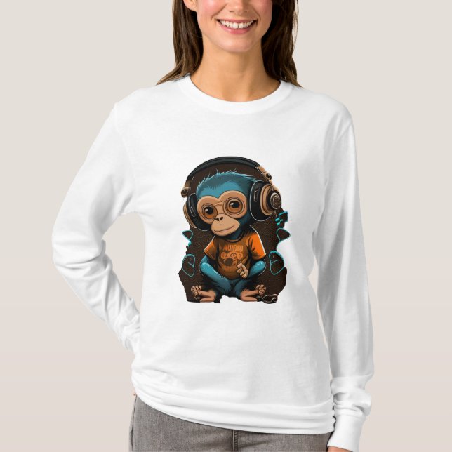Camiseta Música Cute Monkey Escuchando, Música Mono Inmerso (Anverso)