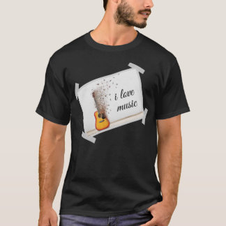 Camiseta música de guitarra marrón y me encanta el lettar d