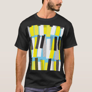 Camiseta Música de jazz, patrón geométrico azul amarillo.