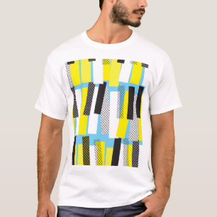 Camiseta Música de jazz, patrón geométrico azul amarillo.