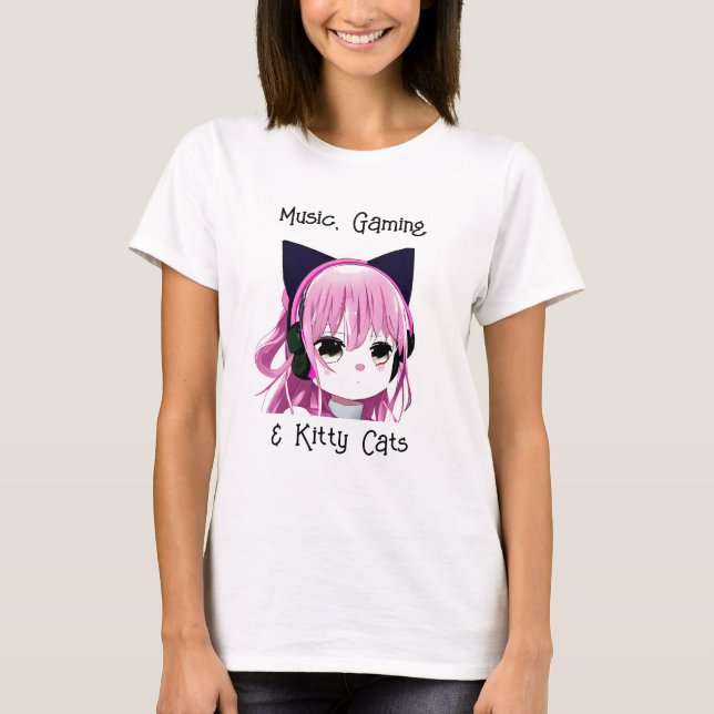 Camiseta Música, juegos y gatos gitanos | Chica Anime (Anverso)