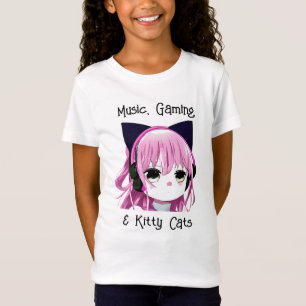 Camiseta Música, juegos y gatos gitanos   Chica Anime