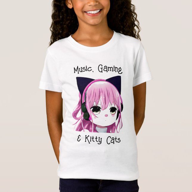 Camiseta Música, juegos y gatos gitanos | Chica Anime (Anverso)
