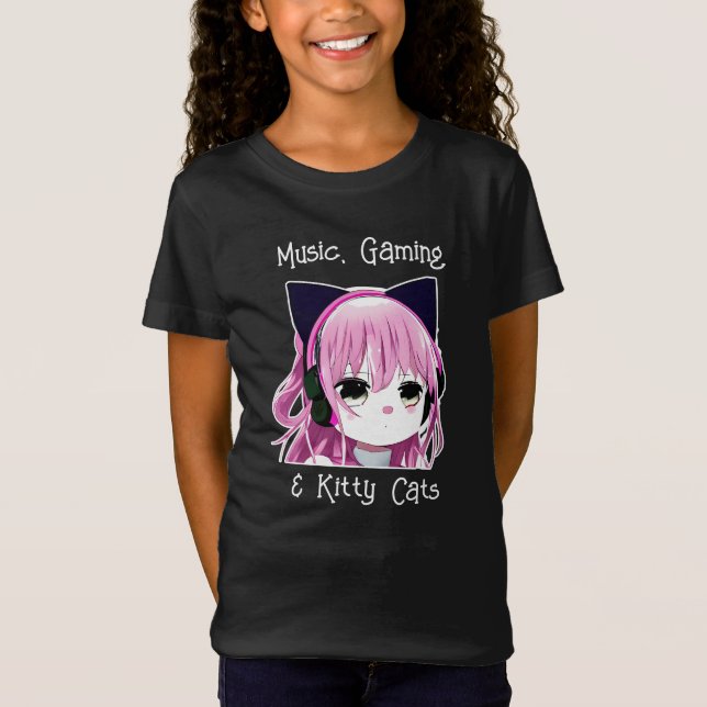 Camiseta Música, juegos y gatos gitanos | Chica Anime (Anverso)