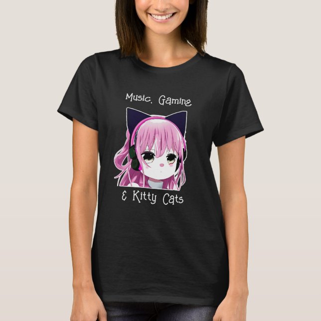 Camiseta Música, juegos y gatos gitanos | Chica Anime (Anverso)