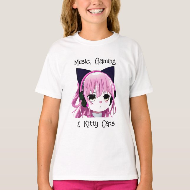 Camiseta Música, juegos y gatos gitanos | Chica Anime (Anverso)