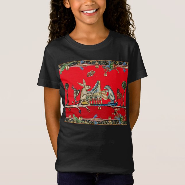 Camiseta MÚSICA MEDIEVAL BESTIARIA, conejo, rojo perro (Anverso)