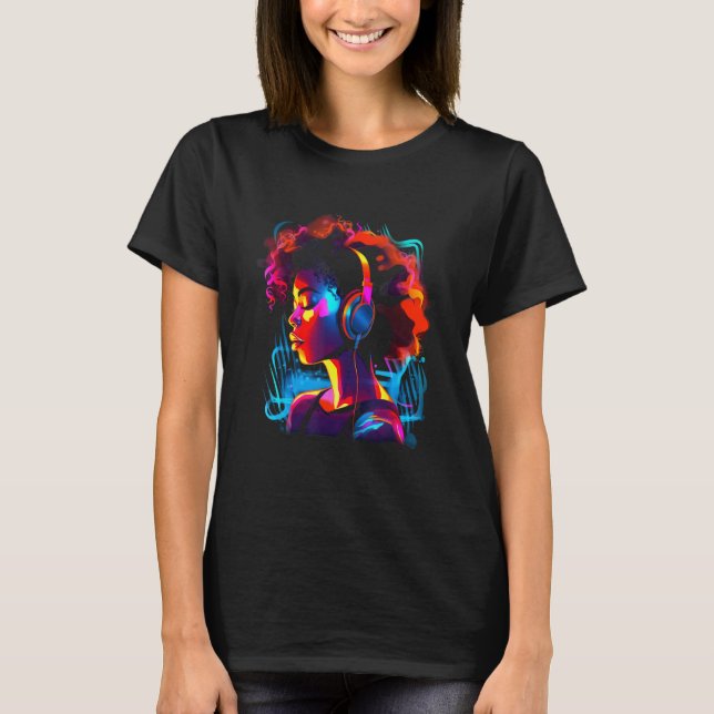 Camiseta Música para auriculares negros de mujer afroameric (Anverso)