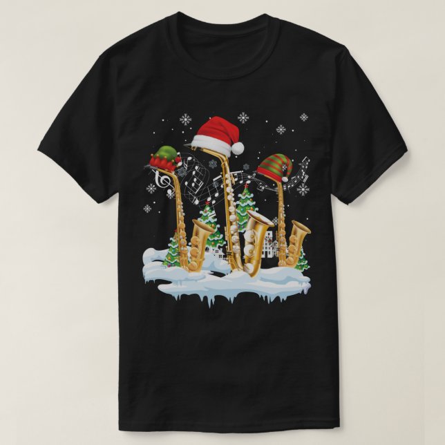 Camiseta Músico saxofón de Jazz Santa Hat Christmas Tree S (Diseño del anverso)