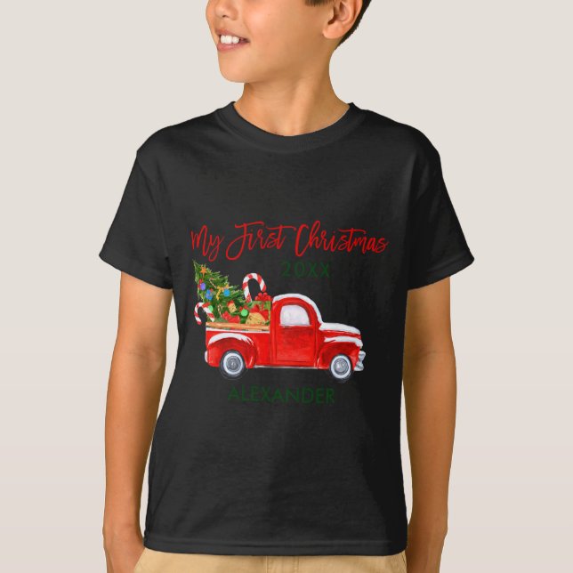 Camiseta My First Christmas Truck Candy Canes Green Red Bab (Anverso)