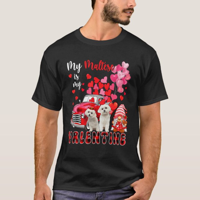 Camiseta My Maltese Is My Valentine Two Dogs With Gnome Pic (Anverso)