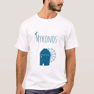 Camiseta Mykonos, Grecia: Molino de viento icónico y ave pe