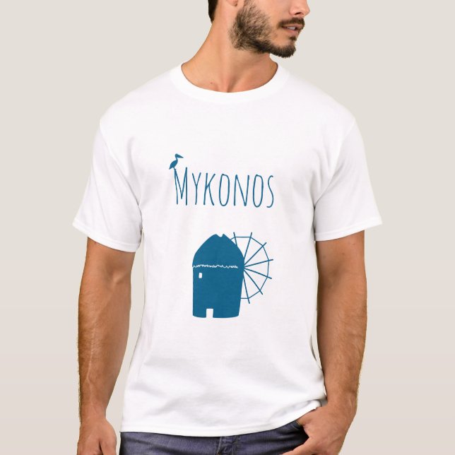 Camiseta Mykonos, Grecia: Molino de viento icónico y ave pe (Anverso)