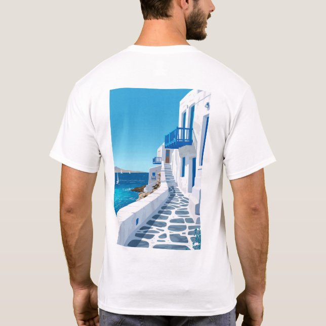Camiseta Mykonos Stunning Blue Sea Poster (Reverso)