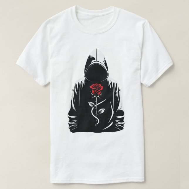 Camiseta Mysterious Hooded Figure with Red Rose – Dark Love (Diseño del anverso)