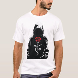 Camiseta Mysterious Hooded Figure with Red Rose – Dark Love