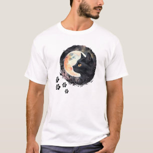 Camiseta Mystical Black Cat & Full Moon Watercolor Art
