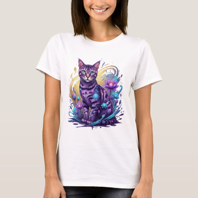 Camiseta Mystical Neon Cat Lotus Art (Anverso)