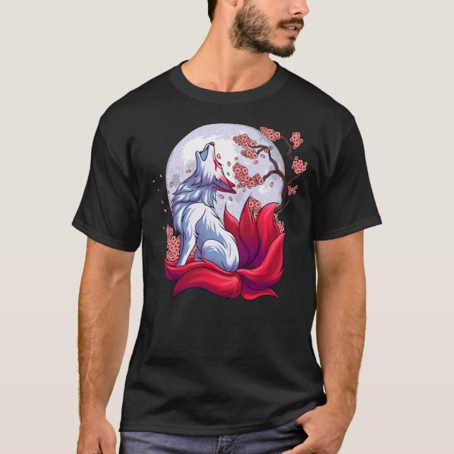 Camiseta Mystical Nine-Tailed Fox Under Moon Cherry Blossom (Anverso)