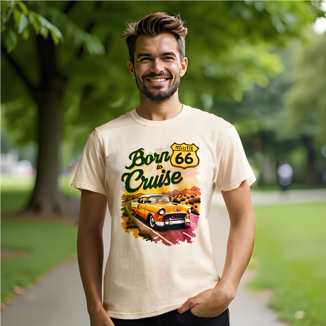 Camiseta Nacido en la ruta de cruceros 66 Classic Car Road (Route 66 Born to Cruise t-shirt. )