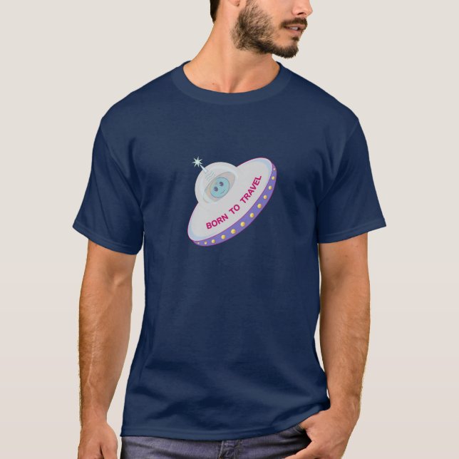 Camiseta Nacido para viajar lindo alien y platillo volador (Anverso)
