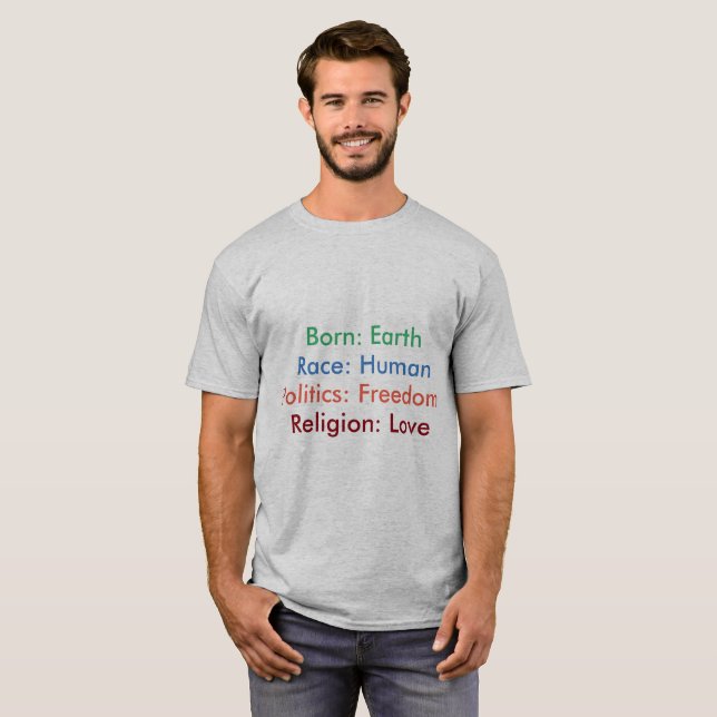 Camiseta Nacido: Tierra; Raza: Humano; Religión: Hombres de (Anverso completo)