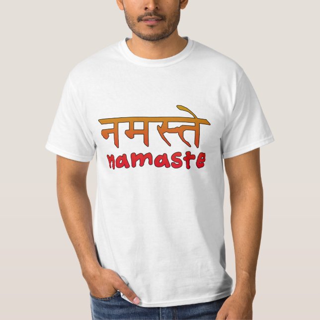 Camiseta Namaste en escritura inglesa y del Hindi (Anverso)