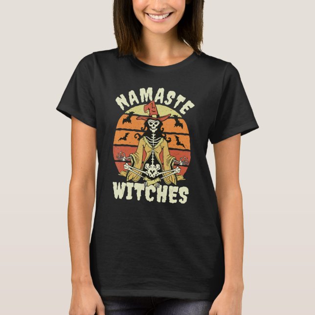 Camiseta Namaste Witches Meditating Skeleton Yoga Halloween (Anverso)