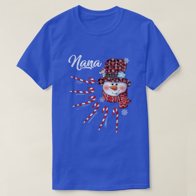 Camiseta Nana Snowman Candy Cane Christmas Red Plaid Hat 90 (Diseño del anverso)