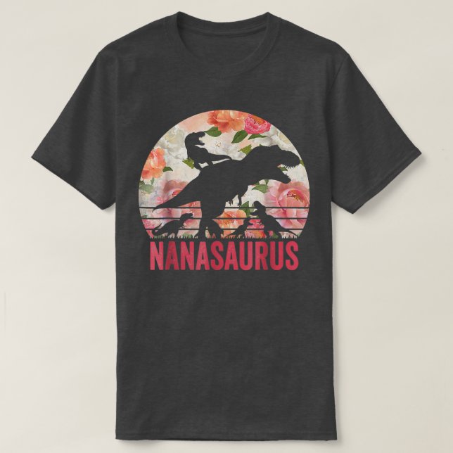 Camiseta Nanasaurus Dinosaur Flores 4 Niños Abuela Madre (Diseño del anverso)
